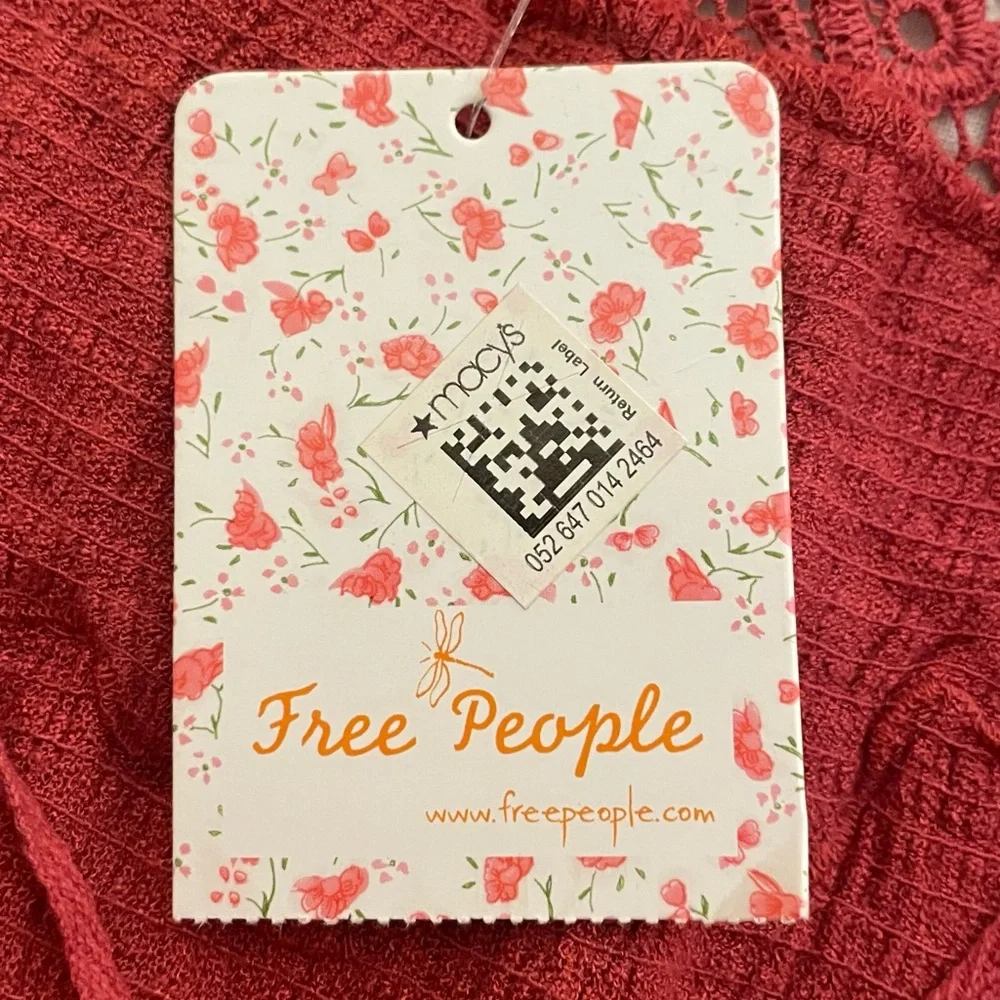 Free People XS Sangria Red Embroidered Boho Peasant Blouse Balloon Sleeve NWT